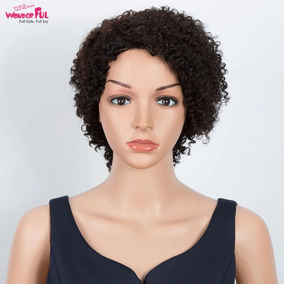 Maravilhoso curto afro encaracolado perucas de cabelo humano para preto feminino pixie bob brasileiro remy parte do cabelo lado com franja máquina feita