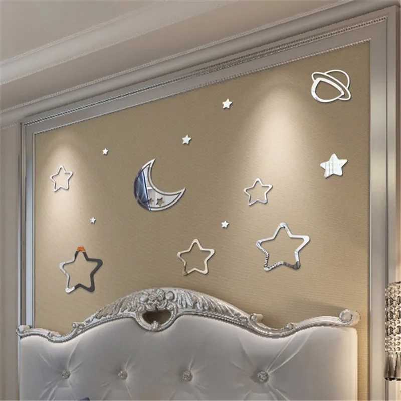 3D Wall Stickers for Kids Room, Decorative Wallpaper, Stars, Moon, Cosmic Acrylic Mirror Wall Stickers