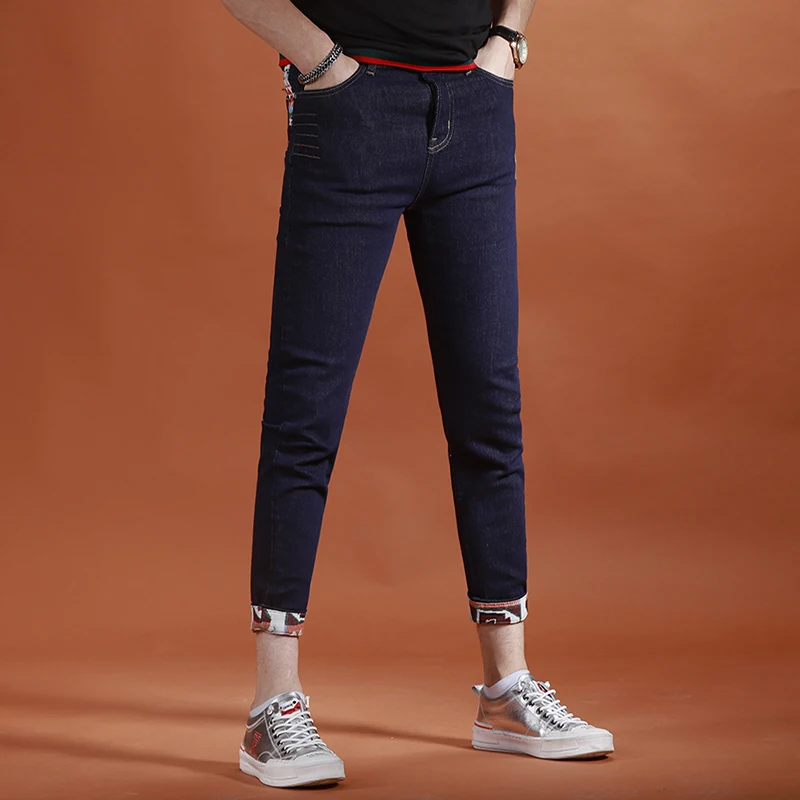 Men's Embroidery Blue Stretch Jeans Summer Fashion Casual Spliced Slim Fit Ankle-Length Pants