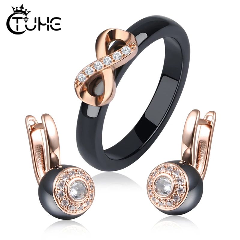 Fashion Ceramic Women Jewelry Sets Jewelry Rose Gold Cubic Zirconia Ceramic Rings Stud Earrings Jewelry Sets For Women