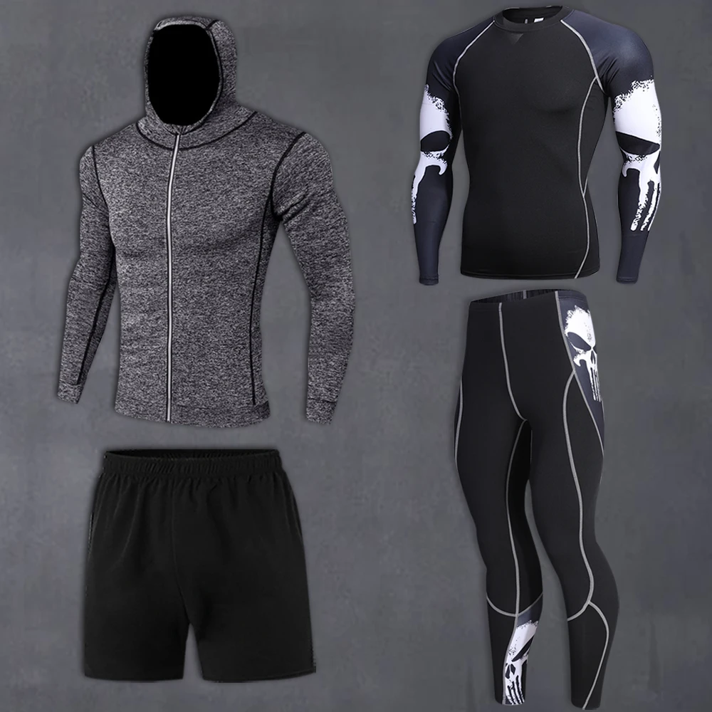 High quality men's sports suit men's casual suit T-shirt + sports pants 4-piece suit 2021 brand fitness men's sportswear