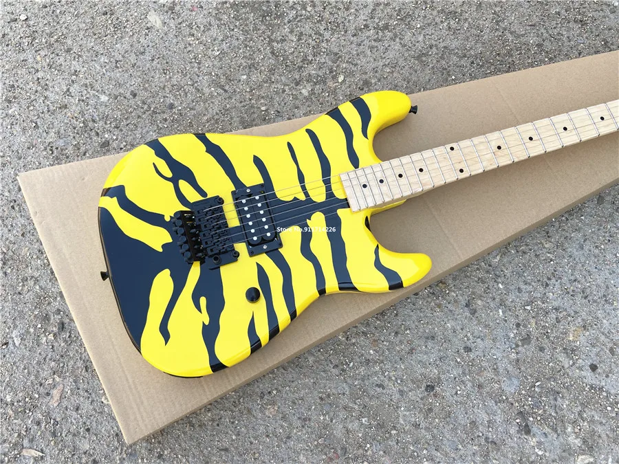 High quality yellow tiger print hand painted electric guitar double shake vibrato free shipping