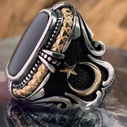 Punk Retro Men's Big Black Geometric Zircon Finger Open Ring Carved Crescent Moon Star Gothic Viking Fashion Jewelry