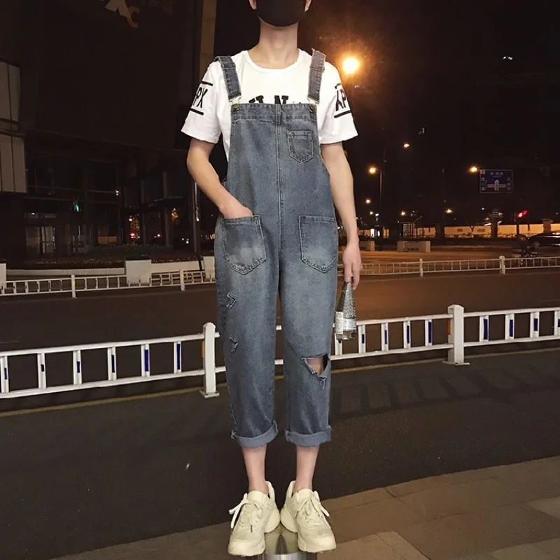 Hop Hip Style Mens Hole Ripped Jeans Overalls Casual Streetwear Ankle Length Cargo Pants Denim Suspenders Trousers Jeans Rompers