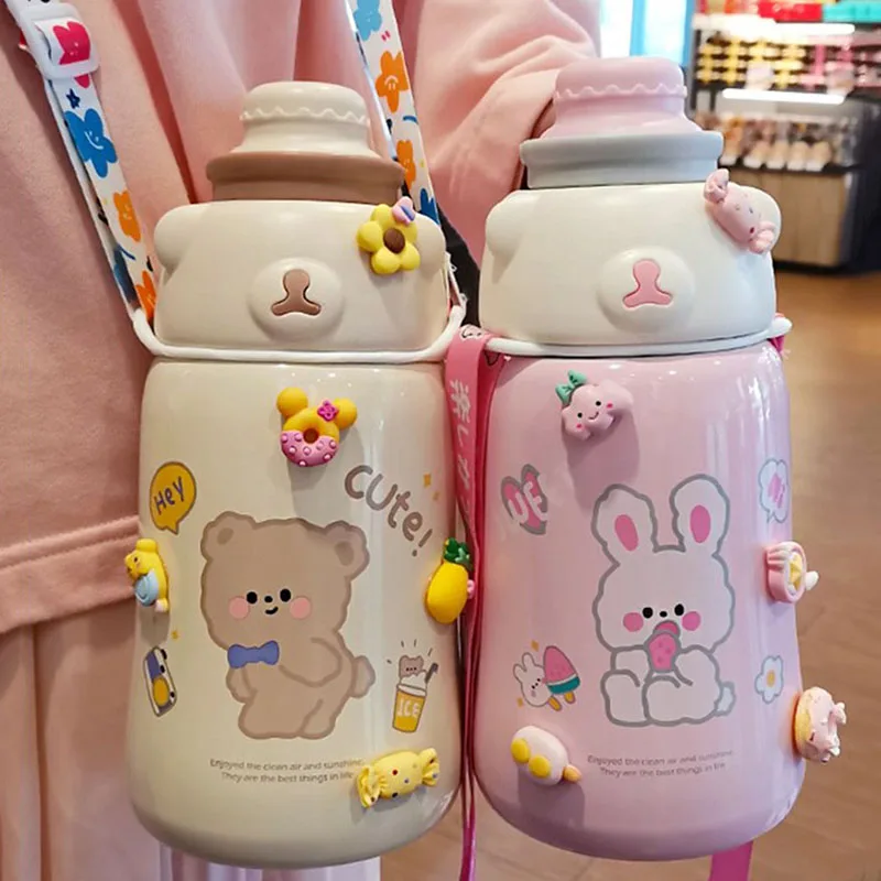 

Kawaii Jumbo Stainless Steel Thermos Water Bottle With Straw Sticker Cute Kids Girl School Thermal Bottle Vacuum Flask For Gifts