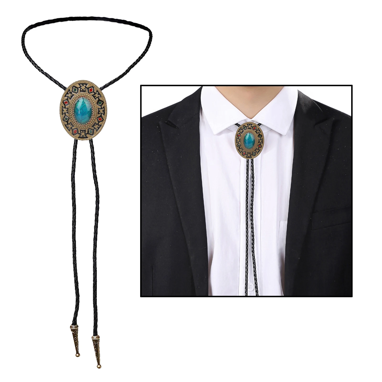 Corde en cuir faite à la main pour hommes, motif d'émail turquoise naturel bleu, Bolo aught, Western Cowboy, Vintage, accessoires de présidence