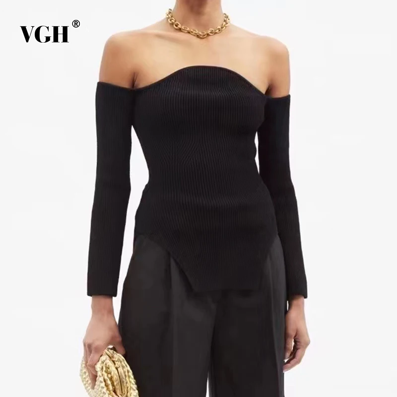 

VGH Plain Slim Long Sleeve Slash Neck Knitting Sweaters For Women Casual Off Shoulder Pullovers Female 2025 Spring Clothing New