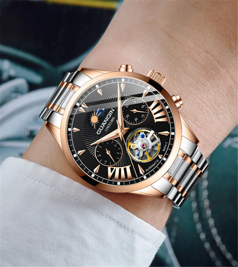 GUANQIN Men Business Automatic Self-Wind Wrist Watch Hollow Luminous Waterproof Mechanical Clock Top Brand Sapphire Wristwatch