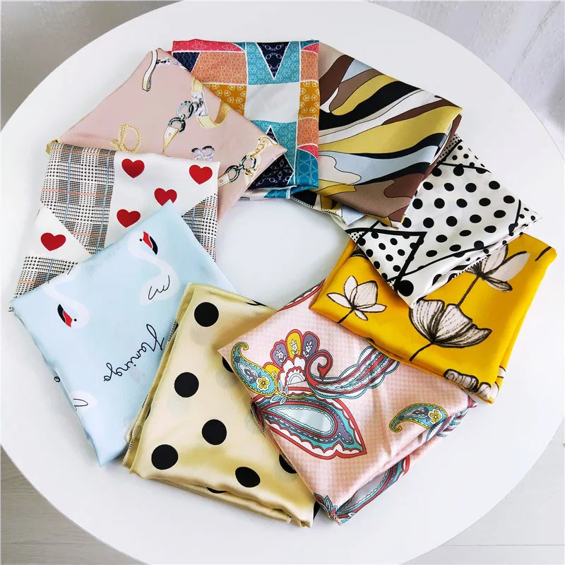 Square Silk Scarf Foulard Women Fashion Print Small Neck Scarves Office Lady Hair Band Foulard Hand Kerchief Bandana Shawl 2021