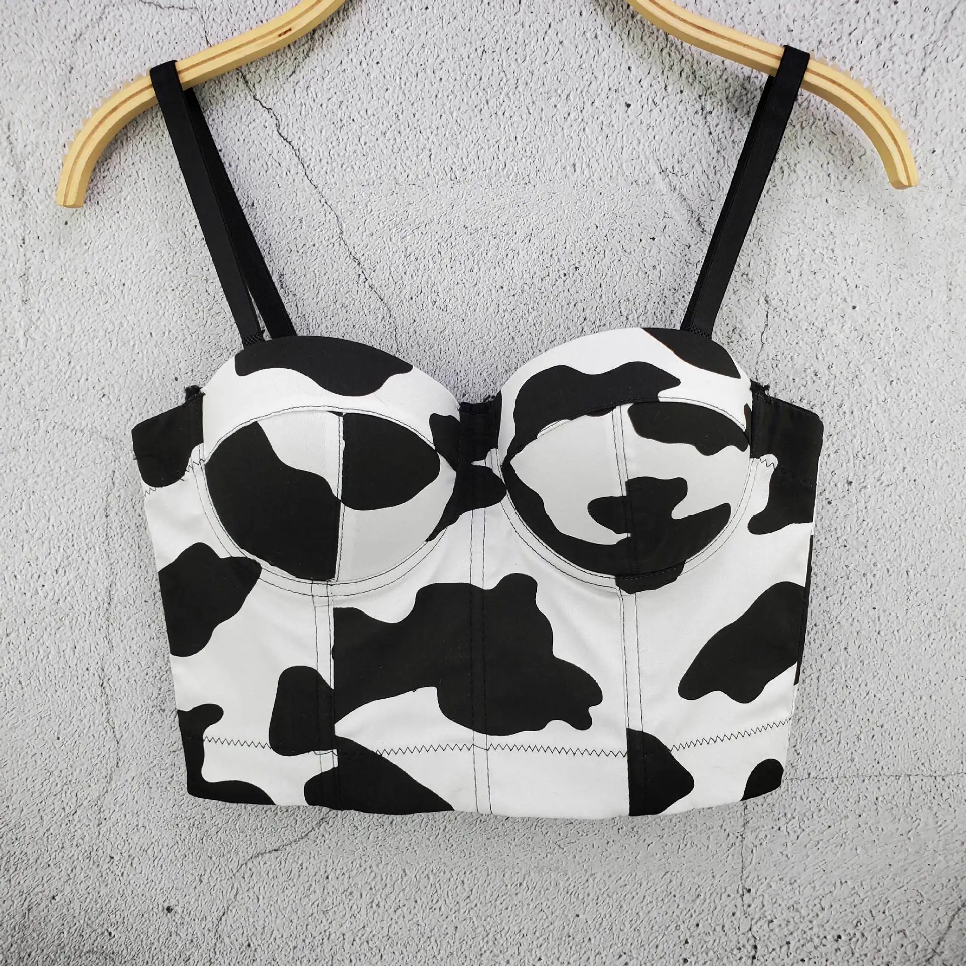 

Black And White Cow Pattern Printing Sexy Slim Camisole Cropped Top Women Gathered Bustier Bra Nightclub Party Tank Tops Y1128