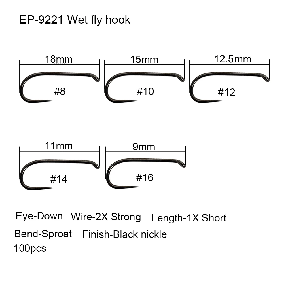 Eupheng 100 pièces crochet de pêche à la mouche sans ardillon crochet de liaison à la mouche pêche nymphe sèche Shirmp humide Caddis mouche crochet