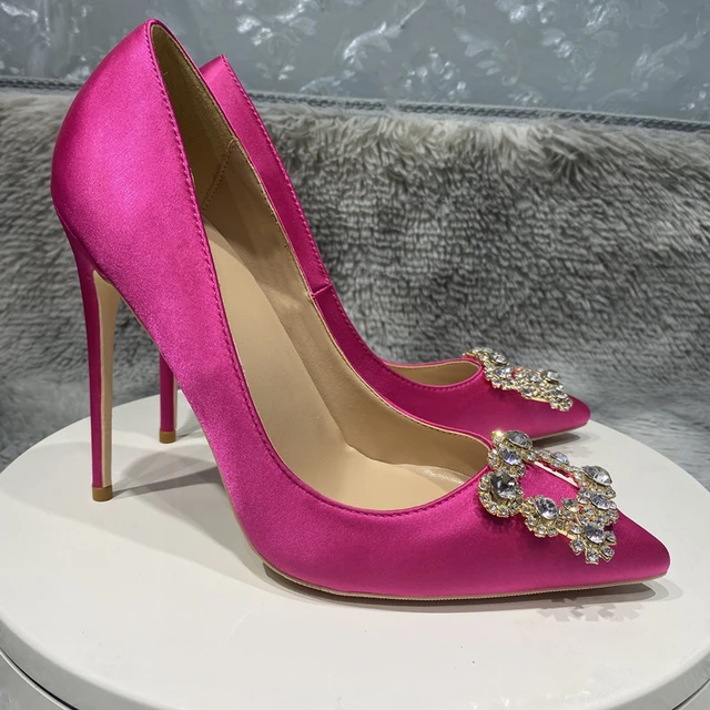 Women s high heeled narrow top shoes Rose Silk high heels wedding shoes fashion pink large decorative artificial diamond buc AliExpress