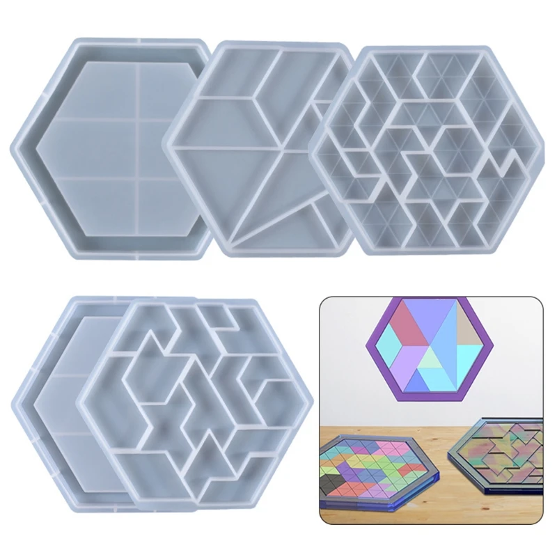 3D Educational Hexagonal Puzzle Silicone Mold Tangram Game Children Toys Epoxy Resin Mold  DIY Jewelry Crafts Making Cast Tools