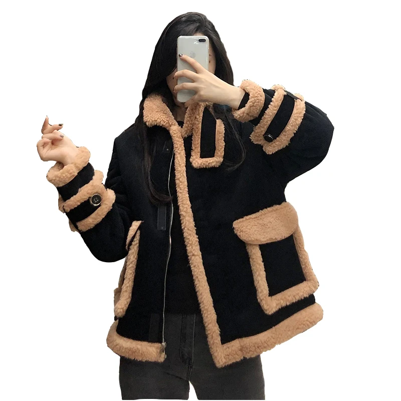 Corduroy lambswool Jacket Women's Winter 2023 New Fur oneness  Parker Jackets Short Korean Loose Warm coats Ladies overcoat