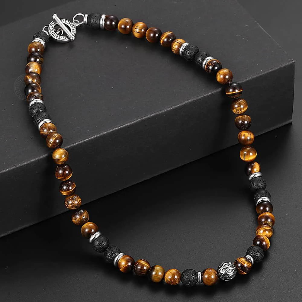 Unique Beaded Necklaces for  Mens Boy Tiger Eye Stone Lave Natural Stone Neck Male Jewelry Stainless Steel Toggle Clasp