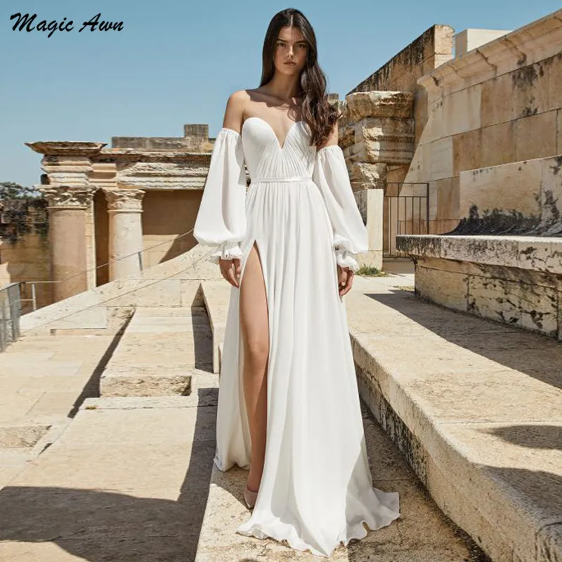 Magic Awn New Bohemian Chiffon Wedding Dresses Sweetheart Detachable Full Sleeves Simple Beach Mariage Gowns Side Slit Vestidos