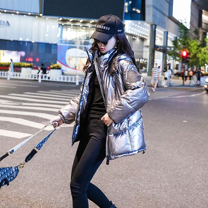 2019 Female Glossy Winter Down Cotton Padded Jacket For Women Thick Bright Black Short Shiny Jacket Silver Cotton Parkas