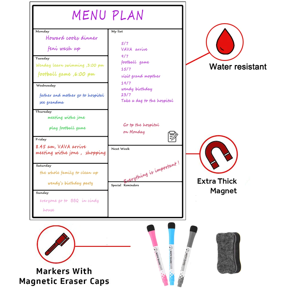 Magnetica Lavagna Dry Erase Planner Settimanale Bordo Per Frigoriferi Magnetico Secco Cancellare Calendario Con 3 Marcatori