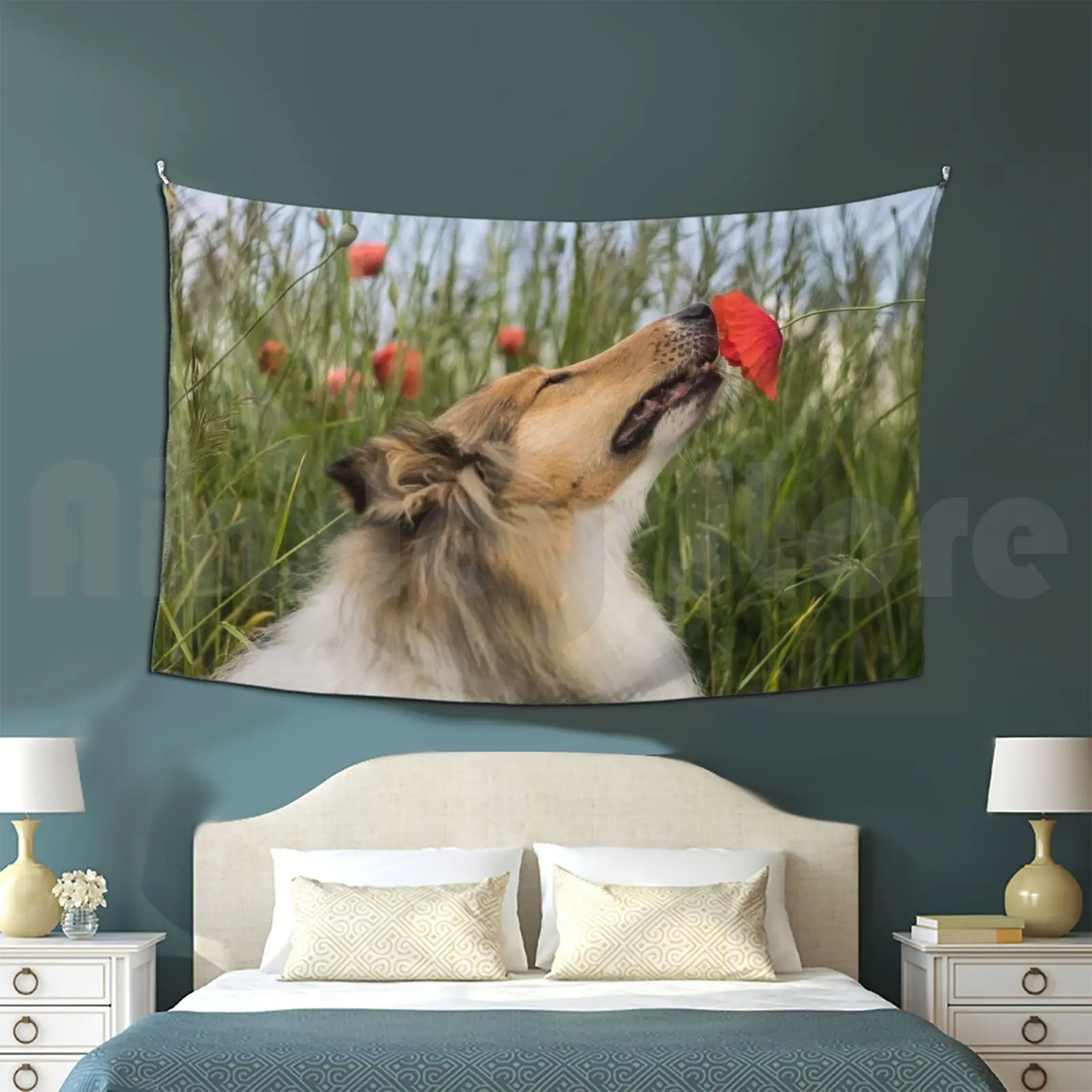 Cute Rough Collie Sniffing To A Poppy Customized Tapestry Collie Dog Rough Collie Poppy Cute Adorable