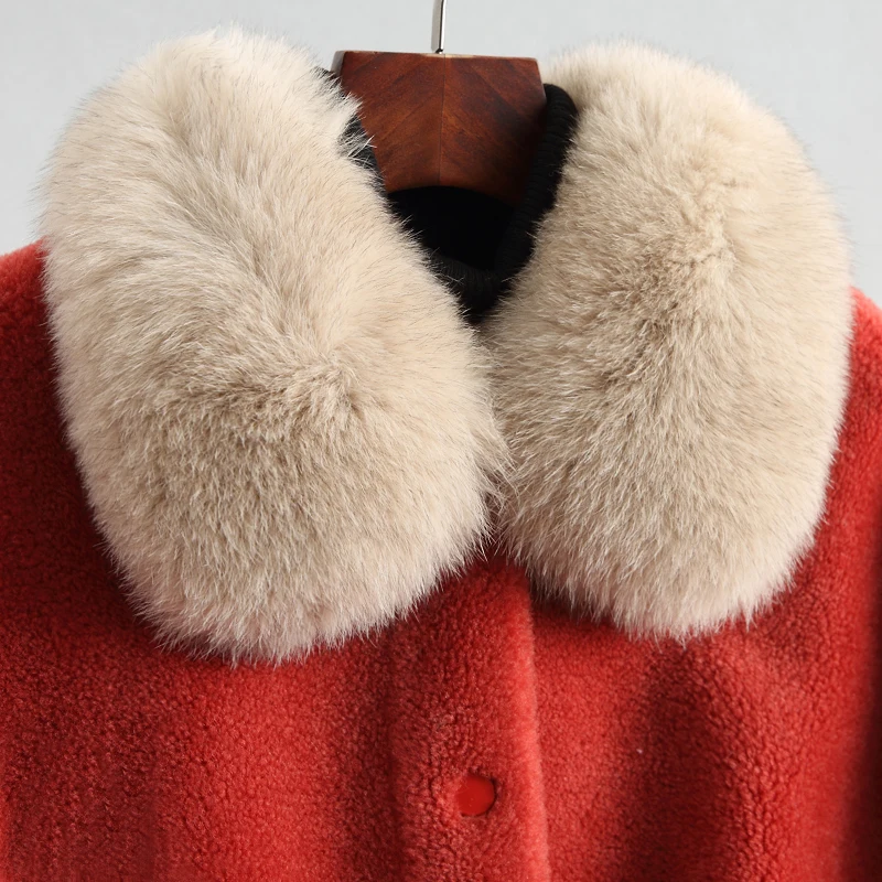 Winter Coat Women Clothes 2020 100% Real Fur Coat + Fox Fur Collar Ladies Thick Warm Wool Jacket Suede Lining Hiver Y808