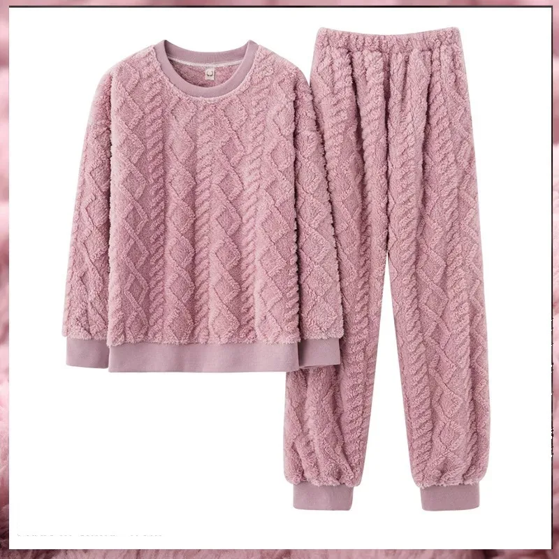 Women’s Ultra-Soft Velvet Pajama Sets Winter Thicken Plush Pajamas Suit Coral Velvet Sleepwear Long-Sleeve Pants Nightwear