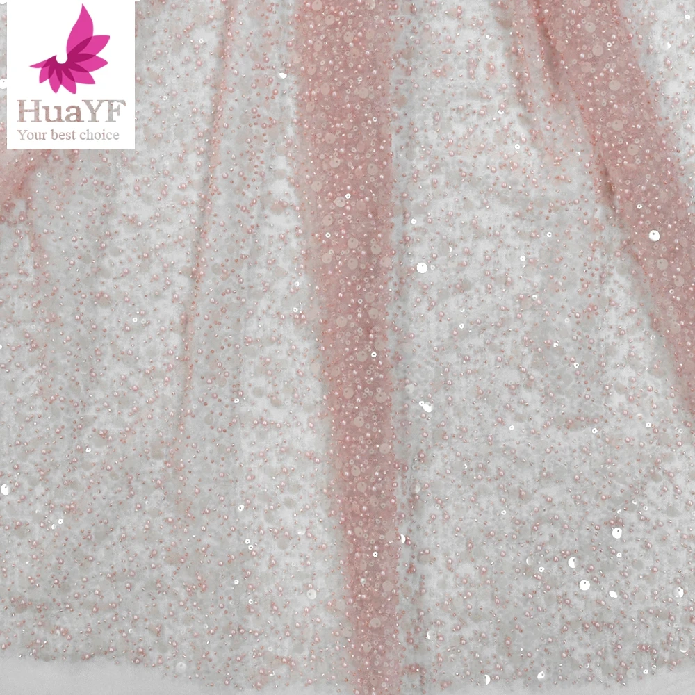 Light Pink Handwork Beaded Net Lace With Pearls And Sequins Fabrics For Evening Dress  HY1334