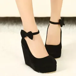 Dwayne Women High Heels Shoes Plus Size Platform Wedges Female Pumps Elegant Flock Buckle Bowtie Ankle Strap Party Wedding Shoes