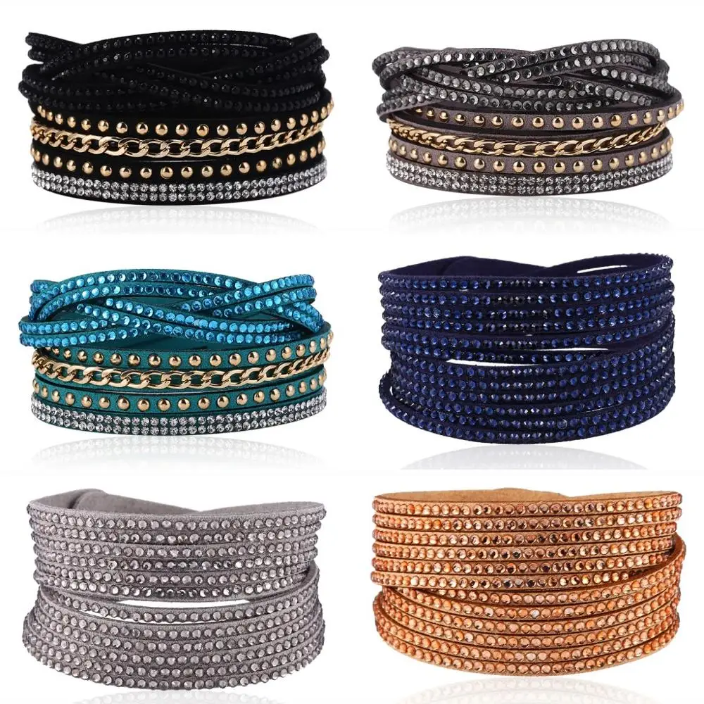 Shiny Women Unisex 12 Layers Multilayer Leather Rhinestone Crystal Bracelet Buttons White/Black /Blue Bracelets 17 colors