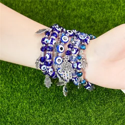 Trendy Turkish Blue Evil Eye Charm Bracelet Hand of Fatima Resin Crystal Beaded Bracelets For Women Men Lucky Wish Jewelry Gifts