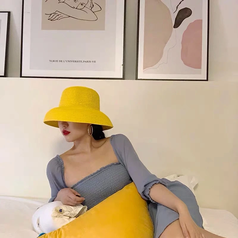 VRIGINER Hot Sale Women Yellow Straw Sun Hat Elegant Hepburn Big Wide Brim Foldable Anti-UV Beach Sun Floppy Hats Flat Caps Bob