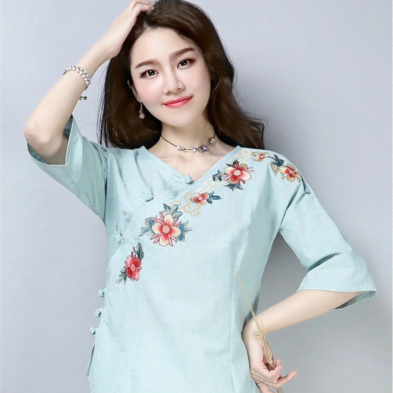 Blusa feminina estilo retrô chinês, camisa de linho com guindaste impresso solto casual oriental feminino chinês moda de rua