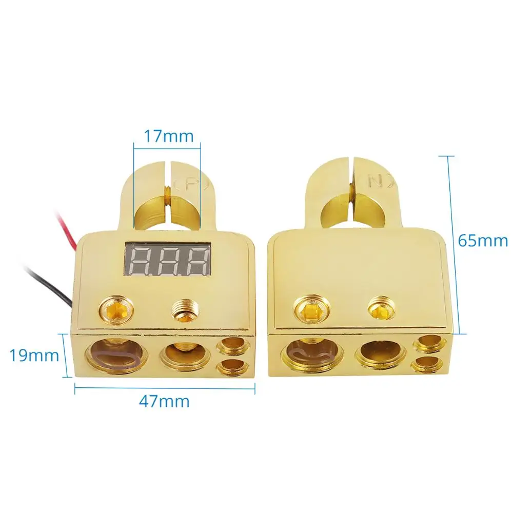 AUTOUTLET Car Battery Terminal Connectors with Voltmeter - 0/4/8 Or 10 Gauge AWG Positive Negative Battery Post Clamp & Shims