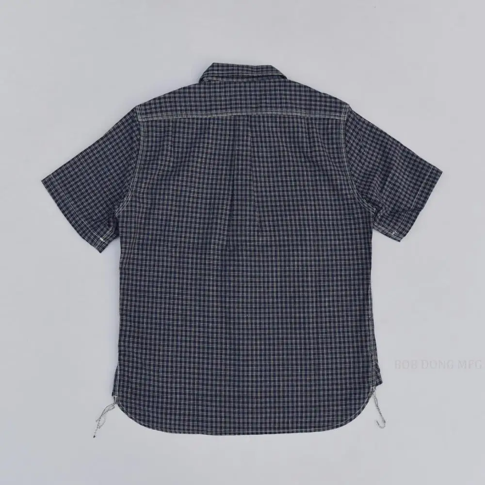 BOB DONG Plaid Short Sleeve Work Shirts Retro Button Down Cotton Flax Workwear