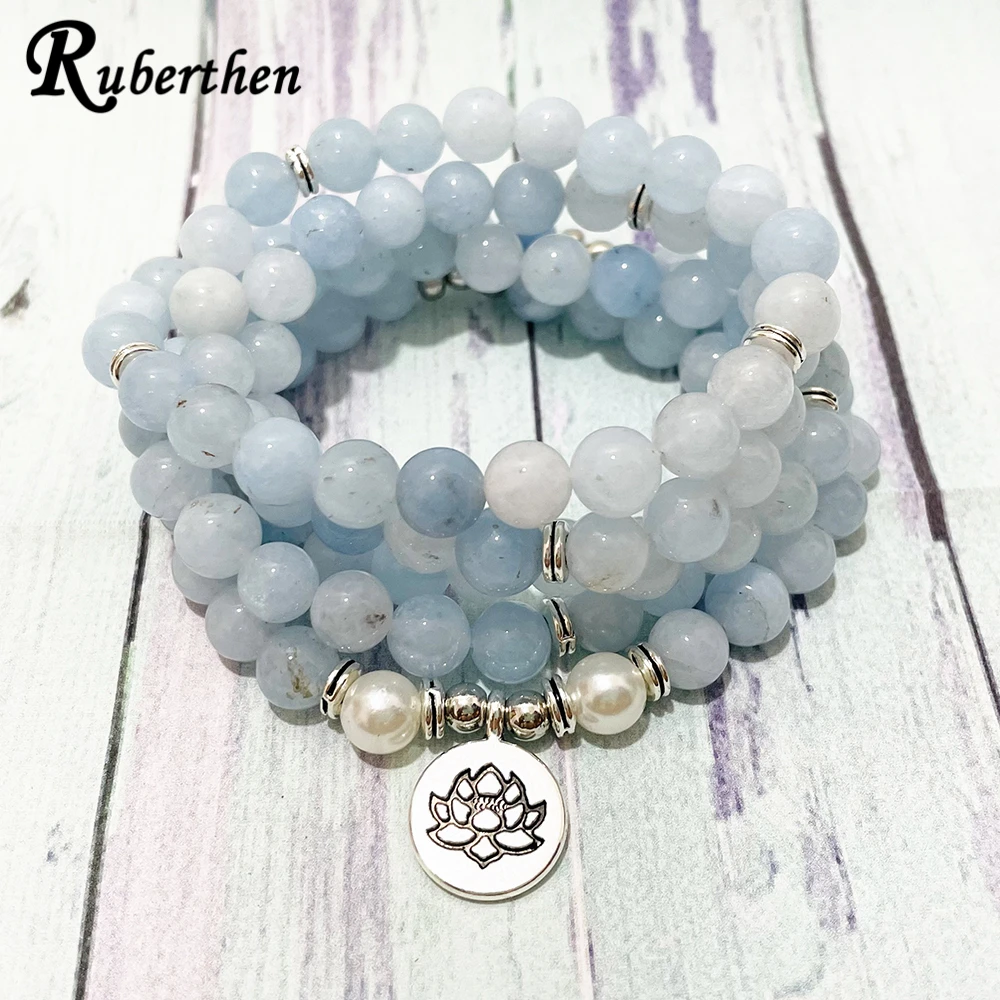 Ruberthen Natural Celestine Pearl 108 Mala Lotus Bracelet Women`s Spiritual Balance Energy Necklace Buddhist Yoga Gift for Her