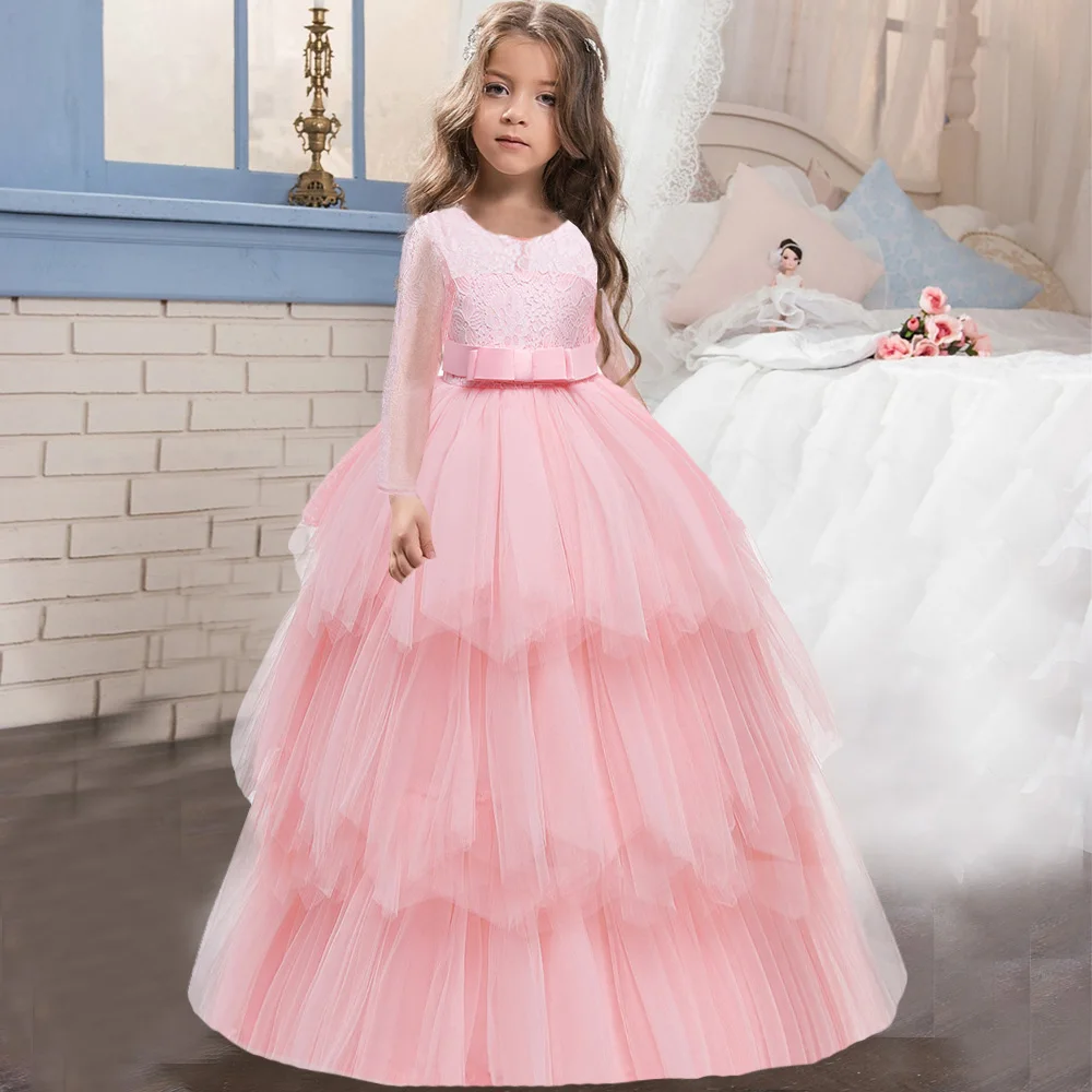 Christmas Kids Pink White Bridesmaid Dress Girls Children Costume Long Sleeve Princess Vestido Flower Party Gown Evening