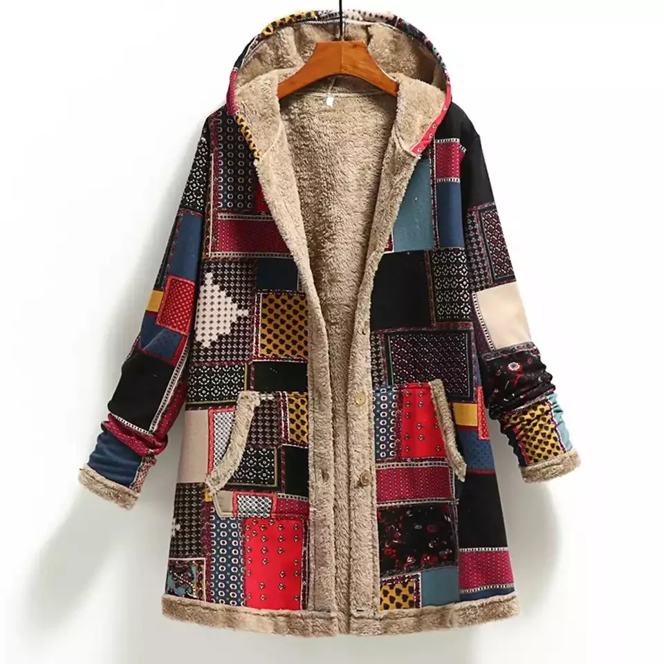 2022 Winter Vintage Women Coat Warm Printing Thick Fleece Hooded Long Jacket with Pocket Ladies Outwear Loose Coat for Women