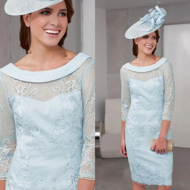 Vestido de vaina Simple para madre de la novia, cuello de Joya, apliques de manga larga, vestido de invitados de boda, longitud hasta la rodilla, Go de noche, 4/3