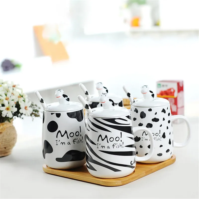 Moo! I'm a Fish! Ceramic Water Mug Dairy Cow Design Office Coffee Mug,Cute Morning Breakfast Milk Coffee Mugs With Lid Spoon image 3