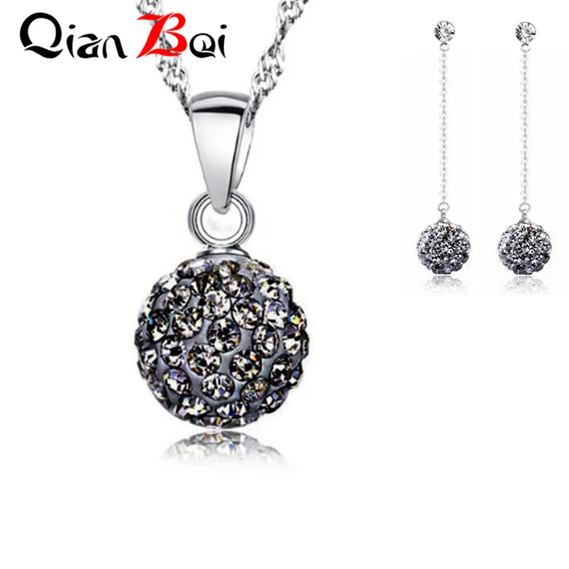 QianBei New Arrival13 Color 10MM Pendant Necklace Earrings Ball Crystal Earring Necklace Set For Women Fashion Jewelry Gifts