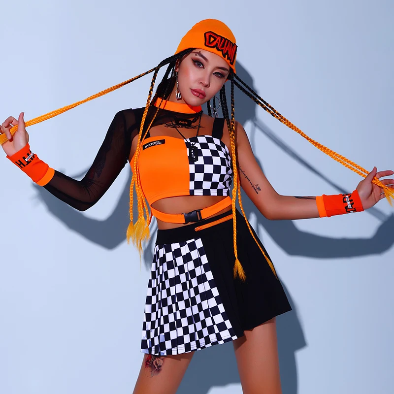 Cheerleader Uniform Women Orange Jazz Dancer Outfit Festival Clothing Hip Hop Dancewear Performance Costume K pop Outfit DL8078