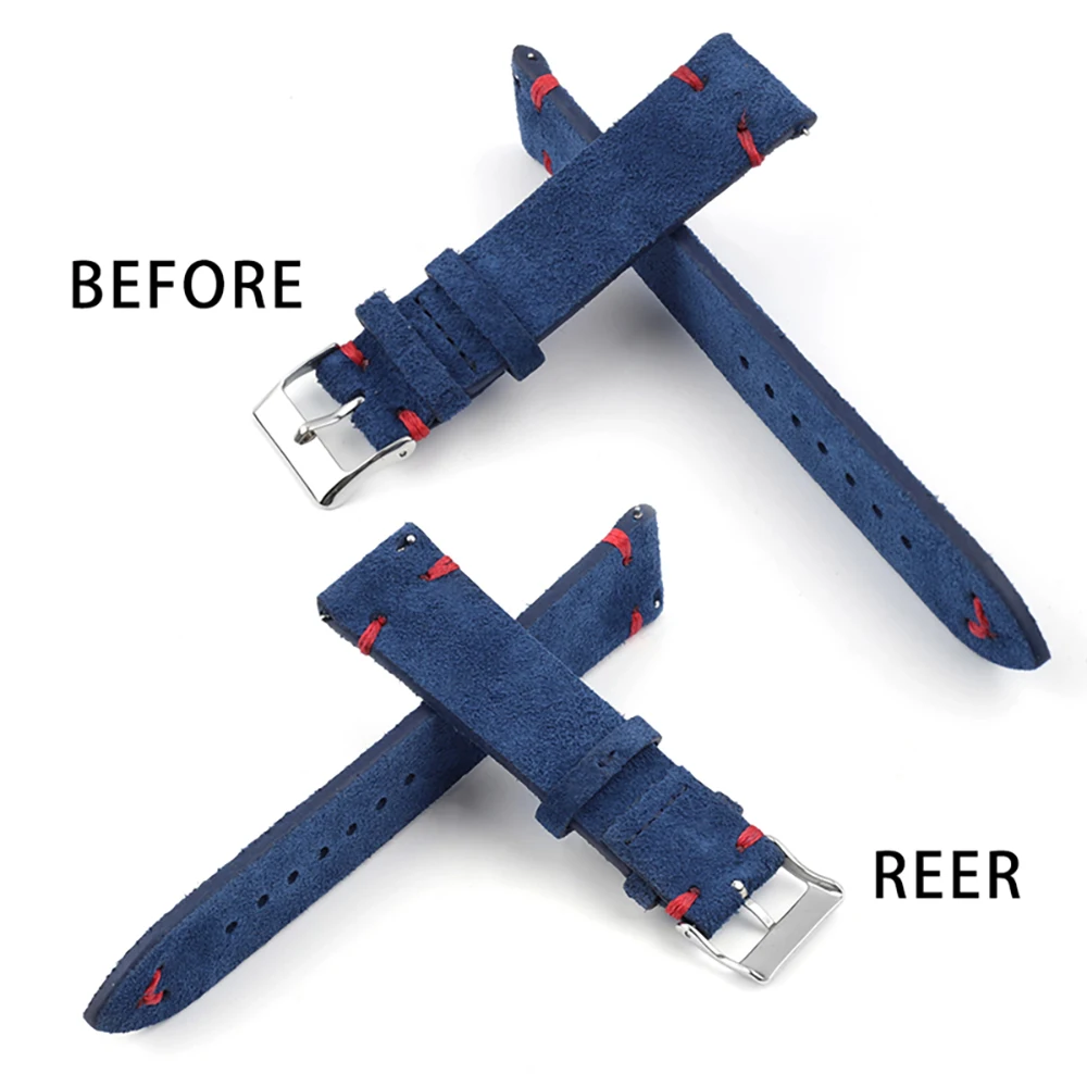 Genuine Suede Leather Vintage Watch Band 18mm 20mm 22mm 24mm Blue Brown Handmade Stitching Watch Strap Replacement Wristband