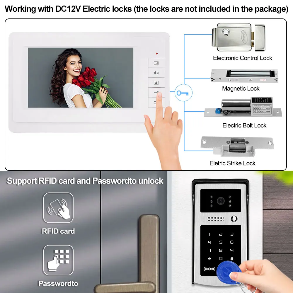 Home Wired Video Intercom System RFID Password Video Door Phone 7'' Color Screen Monitor Outdoor Camera Night Vision 100 Meters