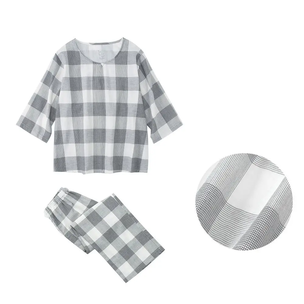 Casual Half Sleeve Plaid Women's Pajamas Set Nine Ponit Pant Sleepwear Home Suit New Loose Cotton Nightwear Pijama Mujer