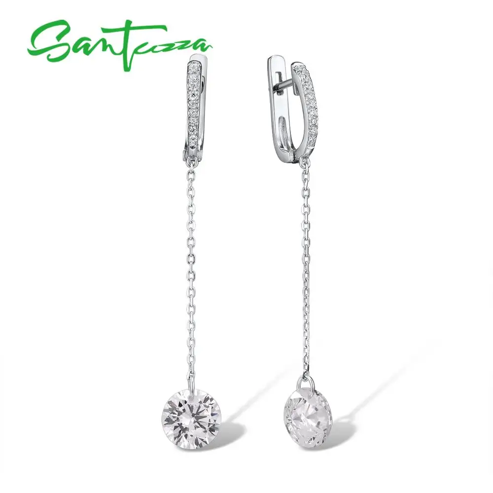 

SANTUZZA Silver Earrings For Women Pure 925 Sterling Silver Shiny White Cubic Zirconia Long Drop Earrings Elegant Fine Jewelry