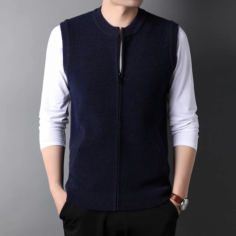 Top Grade New Autum Winter Fashion Brand Zipper Knit Cardigan Sweater Vest Men Retro Crew Woolen Sleeveless Casual Man Clothes