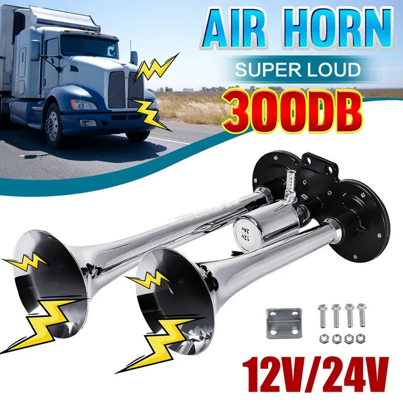 300DB Car Horn Super Loud 12V/24V Dual Trumpet Air Horn Compressor For Car Truck Boat Train Horn Hooter For Auto Sound Signal