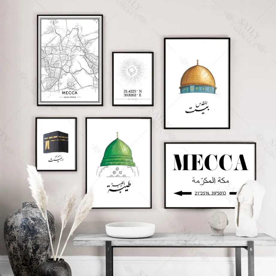 Wall Art Canvas Painting Muslim Holy Places Mecca Coordinate Map Nordic Posters and Prints Wall Pictures for Living Room Decor