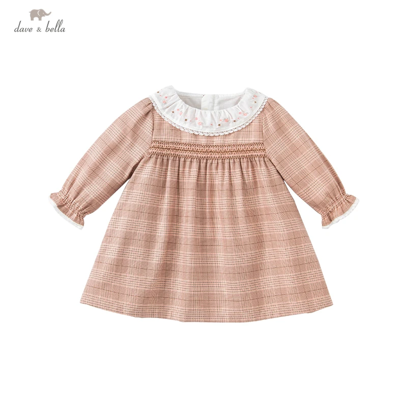 DBM18987 dave bella autumn baby girl\'s cute floral plaid dress children fashion party dress kids infant lolita clothes