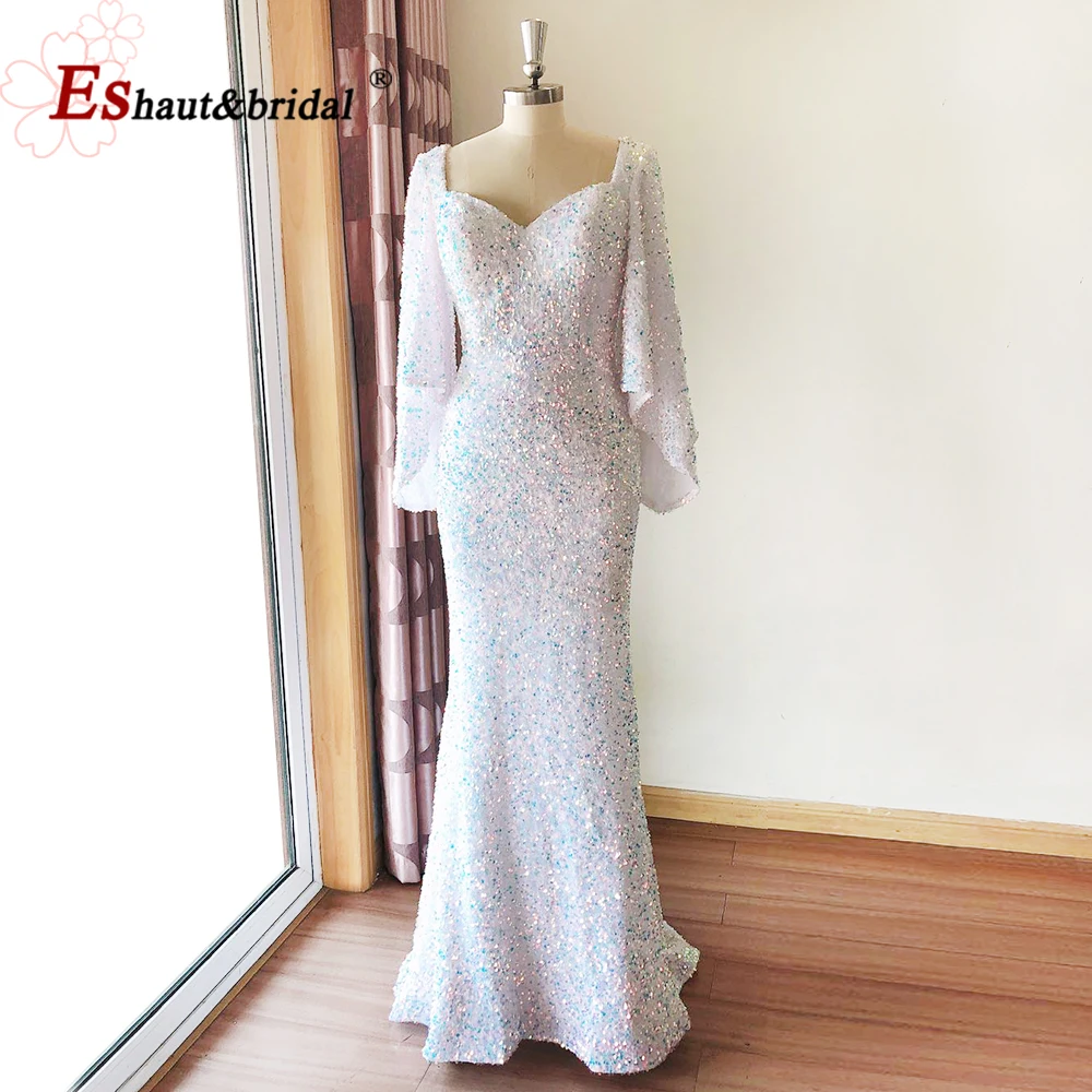 Elegant Dubai Sequin Evening Night Dresses for Women 2023 Mermaid V Neck Flared Sleeves Long Formal Prom Wedding Party Gowns