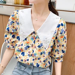 Frauen Blusen Und Tops Retro Chic Floral Druck Puppe Kragen Top 2020 Sommer Mode Designer Kurzarm Tasten Vintage Shirts